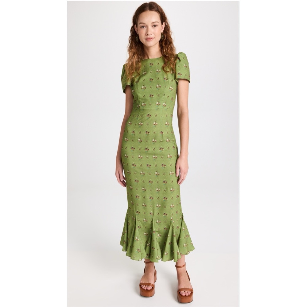 RHODE Green Floral Midi Dress